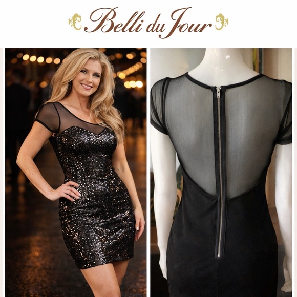 Belle Du Jour Dresses & Skirts - Bell du Jour Black Sequin Mesh Illusion Cocktail Mini Dress Party  Size XS